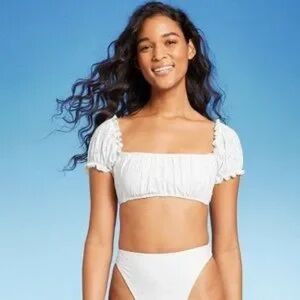 Wild Fable XS White Eyelet Bikini High Waist Cheeky Bottom With Puff Sleeve Top